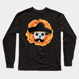 Charro mexican kawaii cute sugar skull mexican style cempasúchil mustache mexican sombrero skeleton Long Sleeve T-Shirt